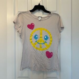Wet Seal Pink and Yellow Short Sleeve Tee with Peace & Heart Design